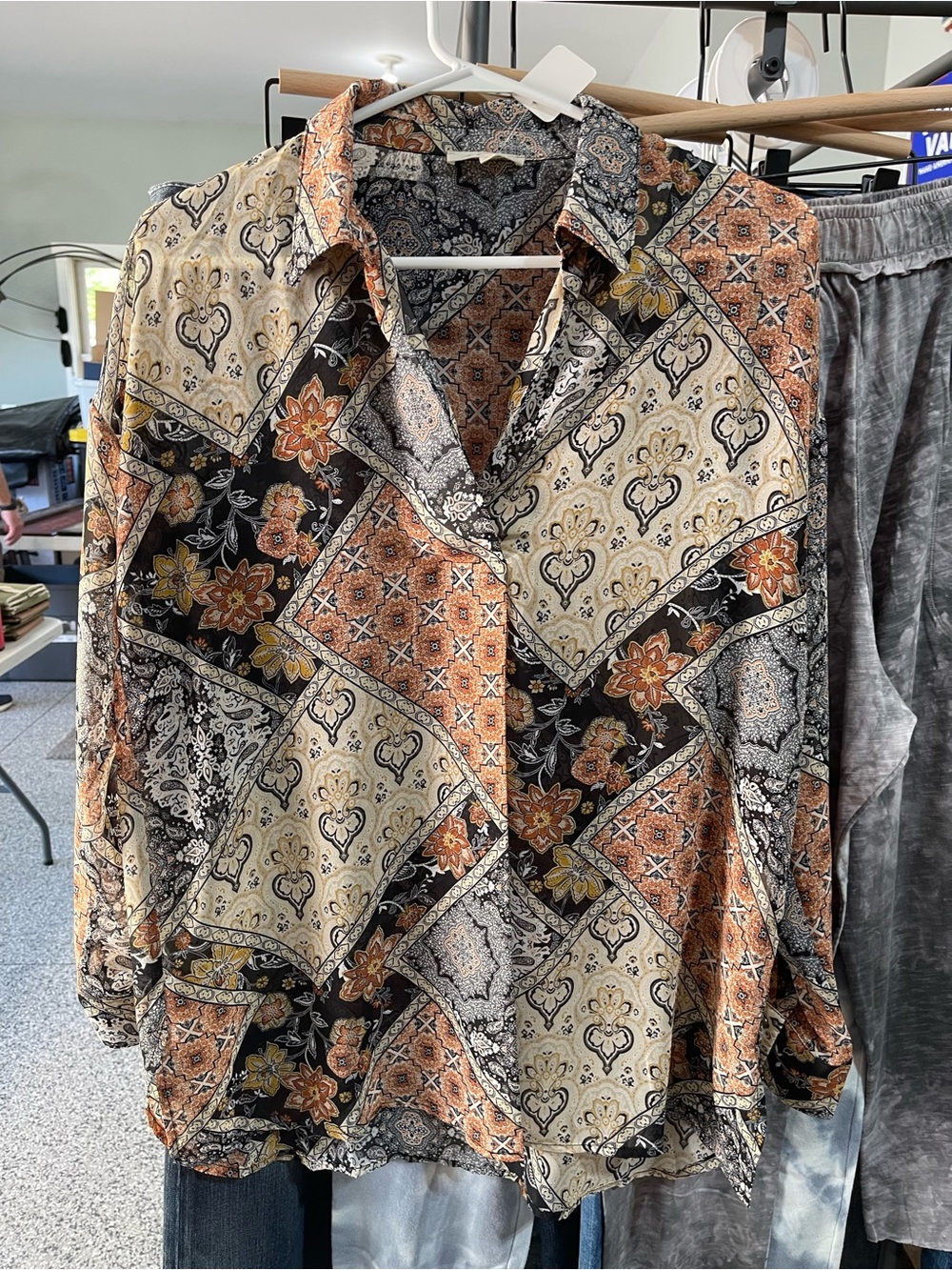 Mystree Floral Patchwork Button-Up Blouse in Cream, Black & Orange